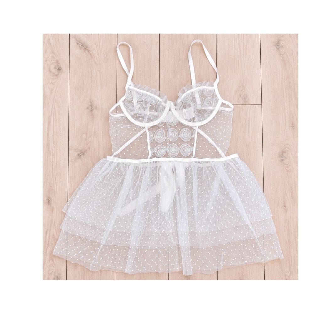 Sheer White Polka Dot Mesh Underwire Babydoll Boudoir Lingerie Coquette Size S